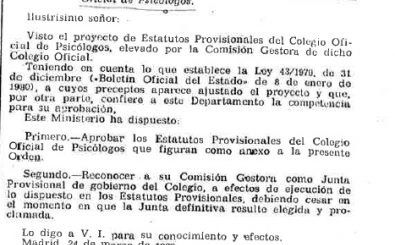 Publicación Oficial Estatutos provisionales Colegio Oficial de Psicólogos